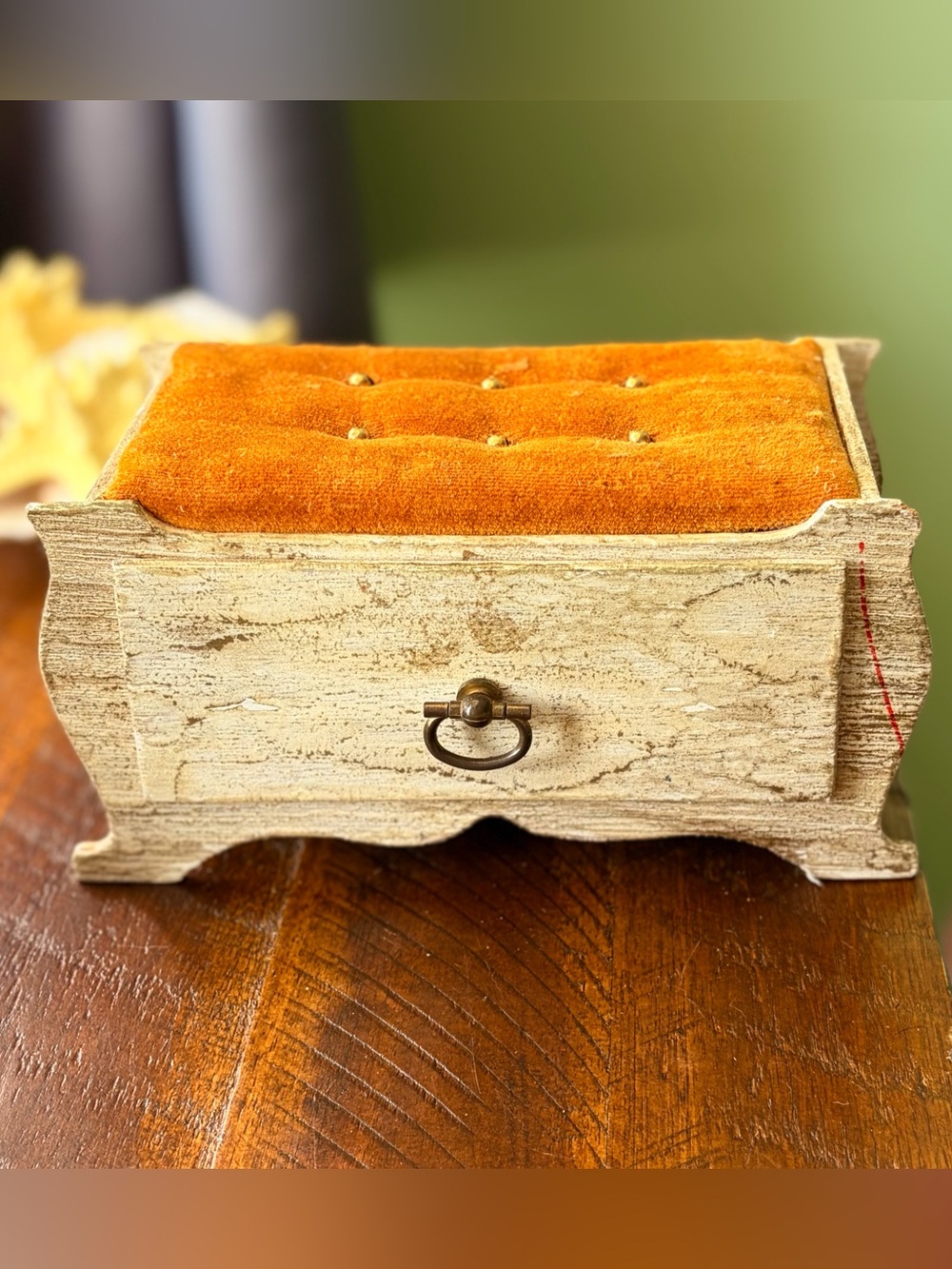 Handmade Rustic Wood Pin Cushion with Drawer Organizer Orange Velvet Top